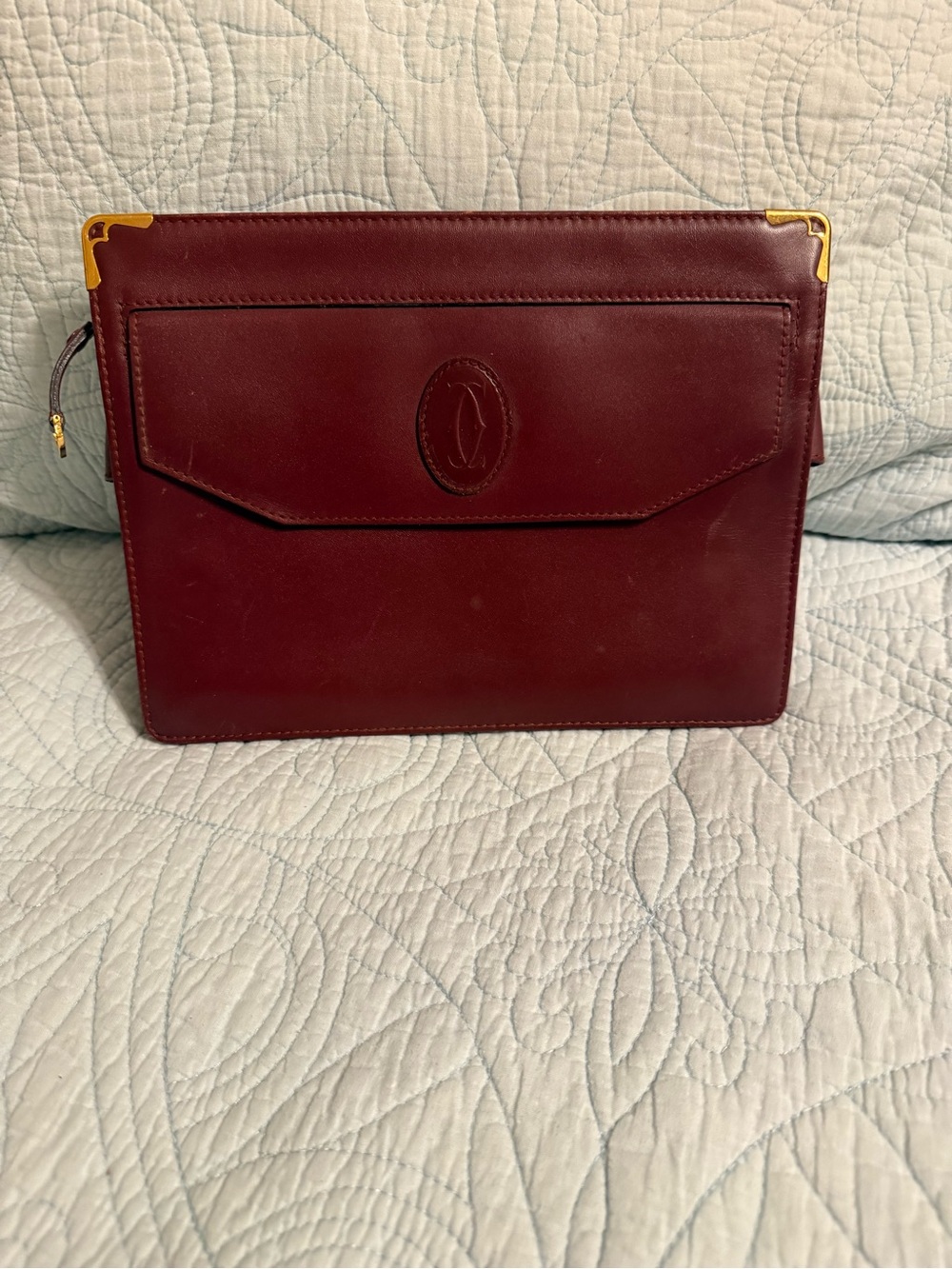 Vintage Cartier Burgundy Leather Clutch with Gold Corner Accents